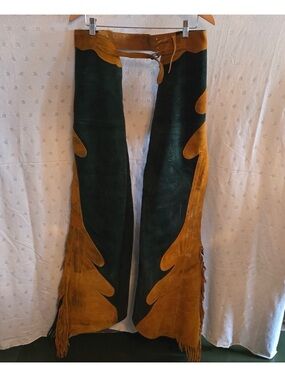Vintage H. Kauffman & Sons Green and Gold Suede Fringed Chaps Size 23/34